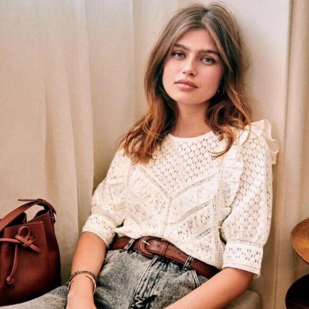 Sézane Fanon Ruffle Lace Blouse, Ecru, EU34
